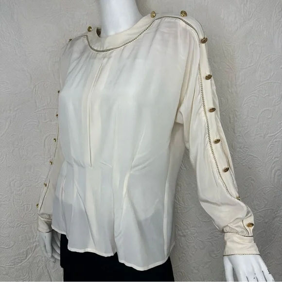Lillie Rubin x Adrianna Papell Silk VTG Gold Trim Sleeve Button Blouse - Picture 4 of 14